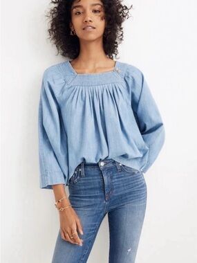 Madewell Light Chambray Square-Neck Peasant Blouse Size Small